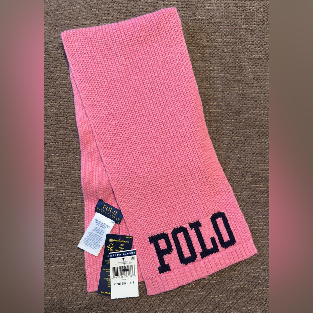 Polo Ralph Lauren Pink Knit Scarf with Big Navy Logo- Girls/Kids One Size. NWT